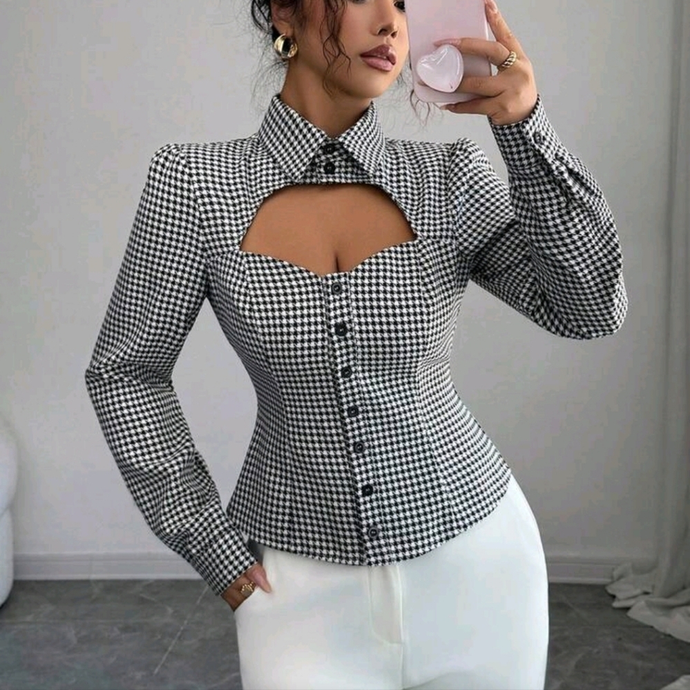 Hollow Collar Houndstooth Long Sleeve Shirt - Picture 4 of 4